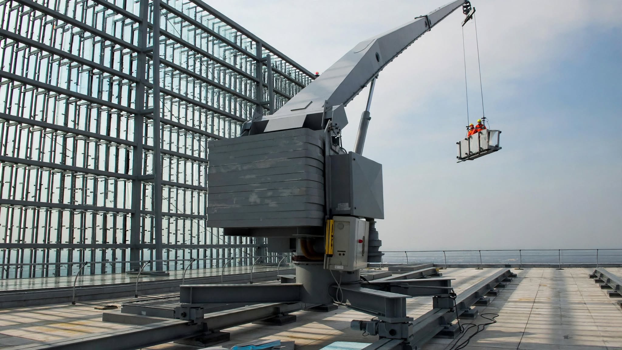BMU cradle descending a glass tower
