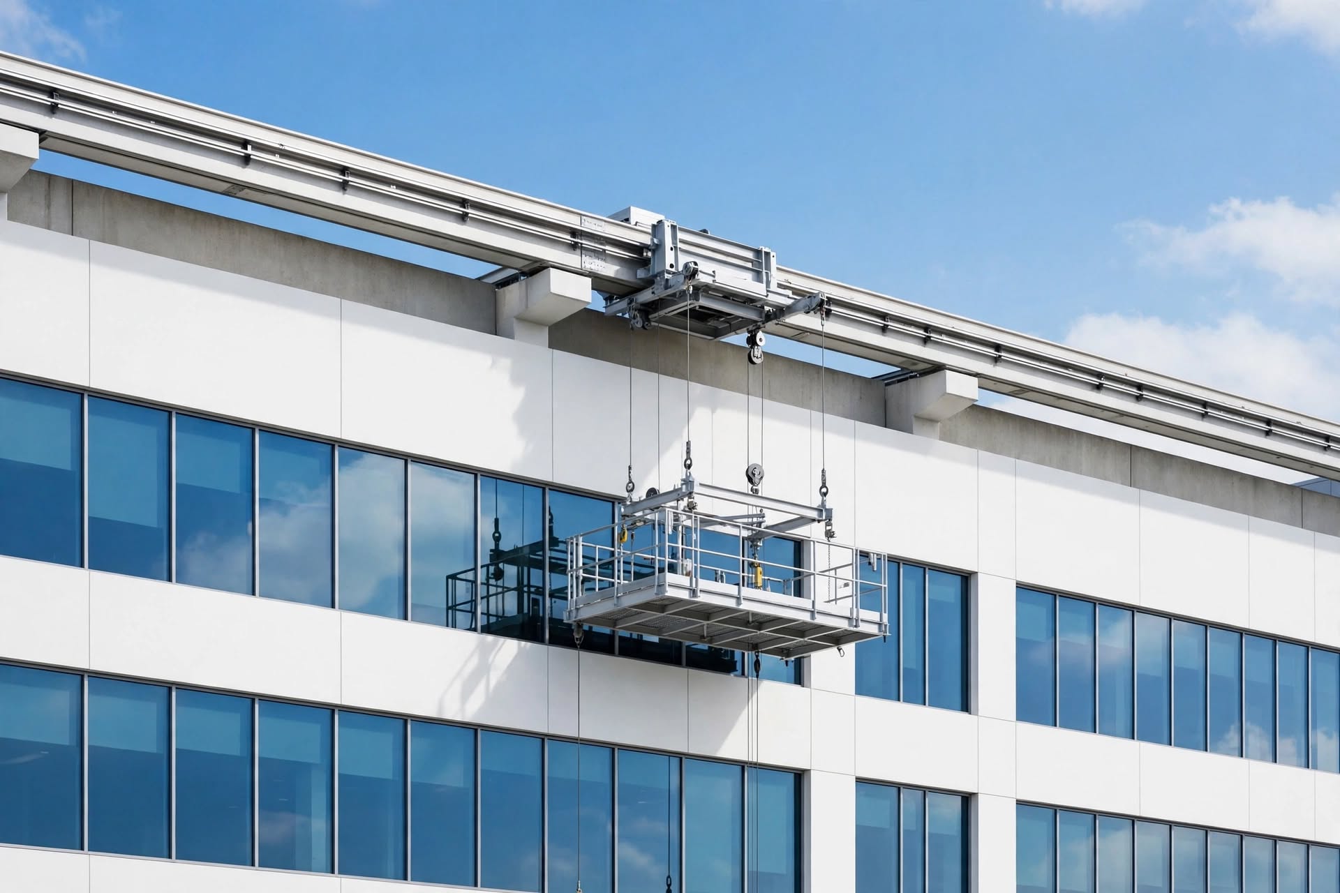 Aerial view of a crane mounted on a skyscraper roof